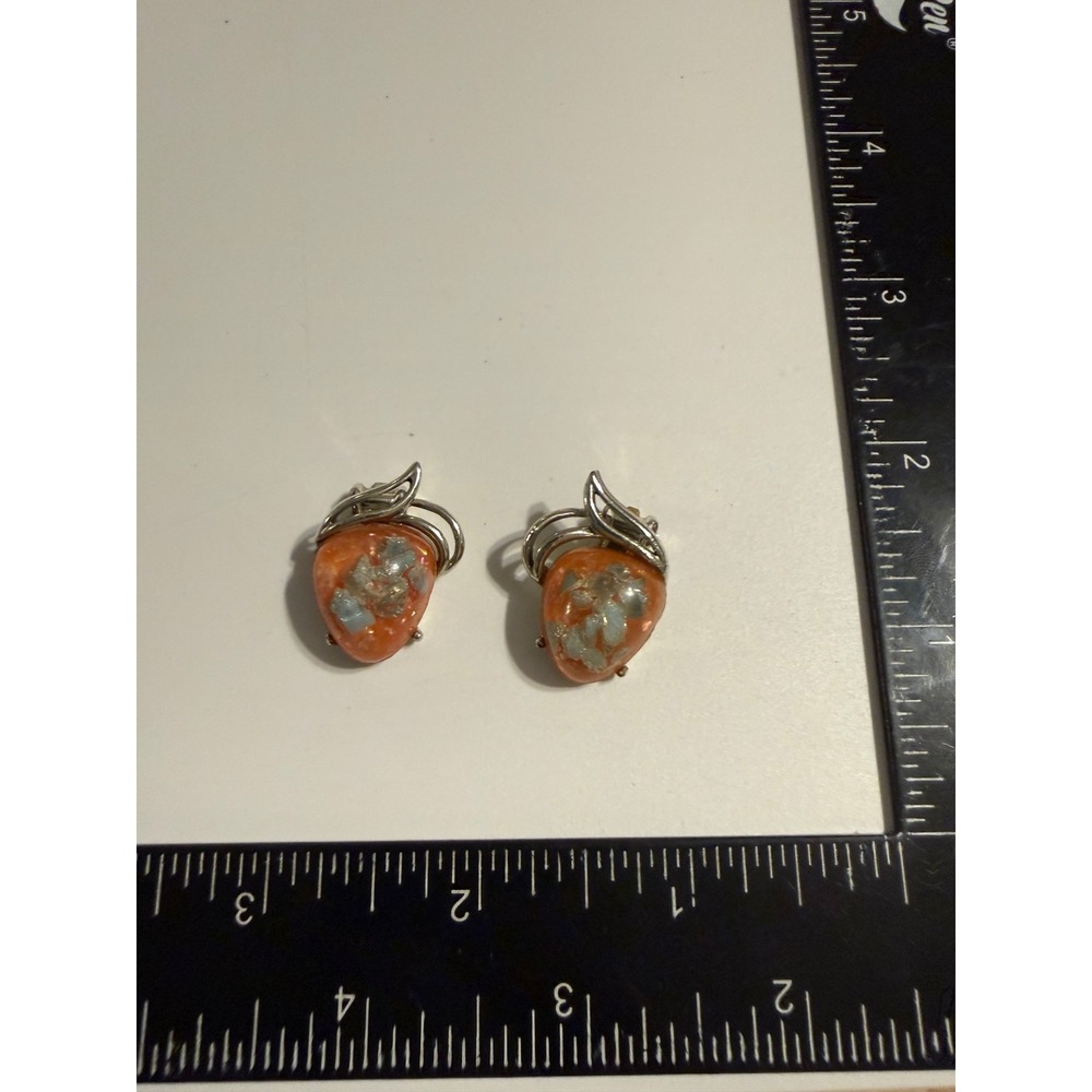 Vintage Orange‎ Art Glass Foil Inclusions Clip On Earrings Silver Tone MCM